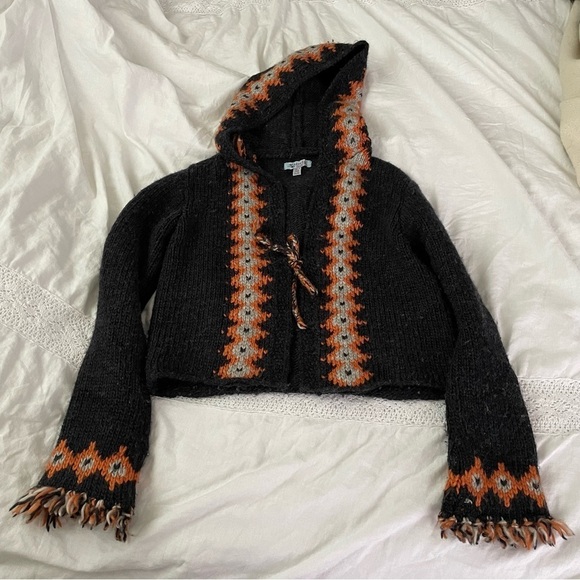 BDG MEDIUM Y2K 90s Vintage Chucky Knit Hooded Fair Isle Cardigan Sweater gray - Picture 1 of 7